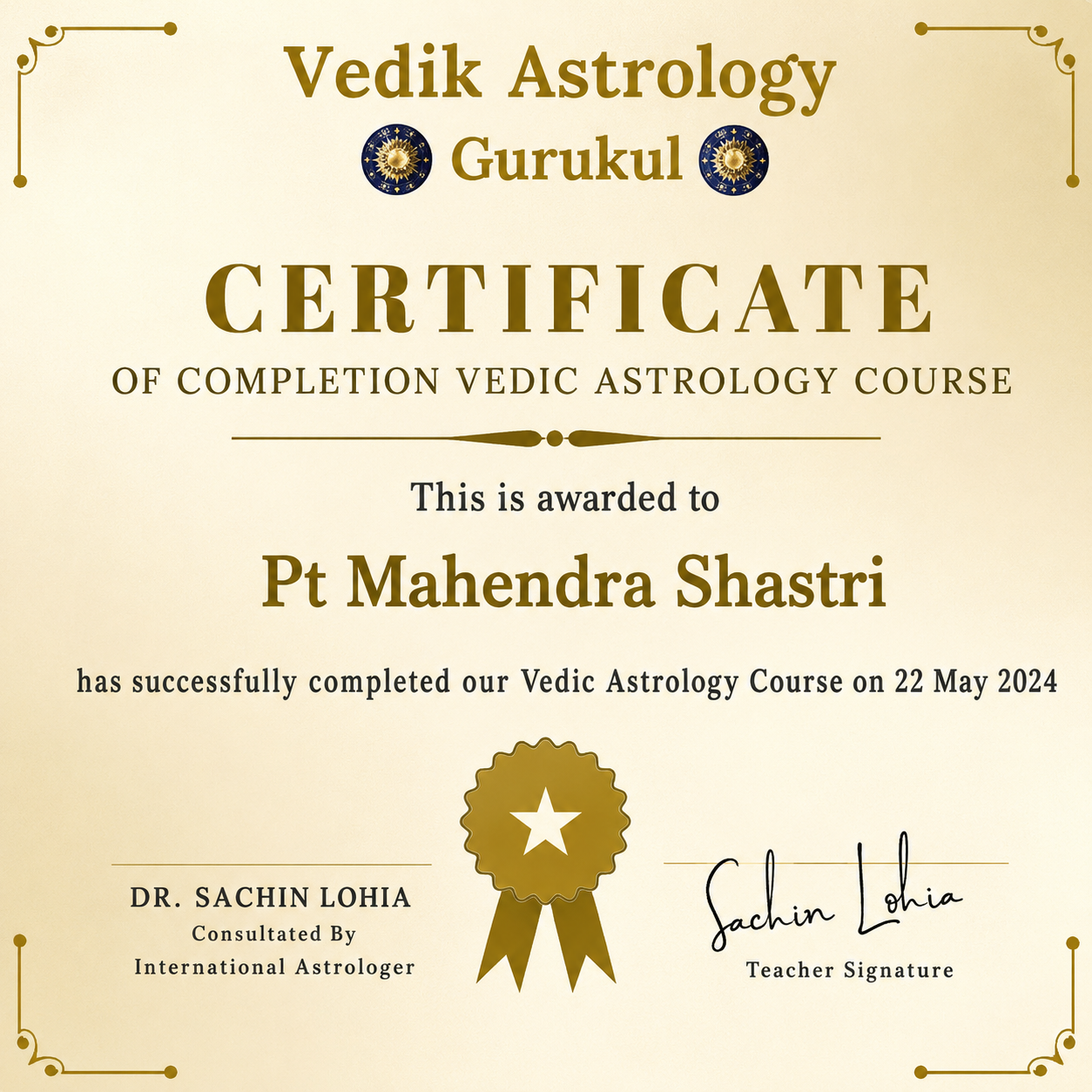 Vedik Astrology Gurukul Certificate of Completion